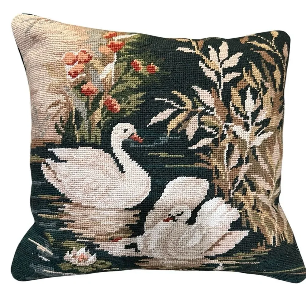 Swan needle point throw pillow